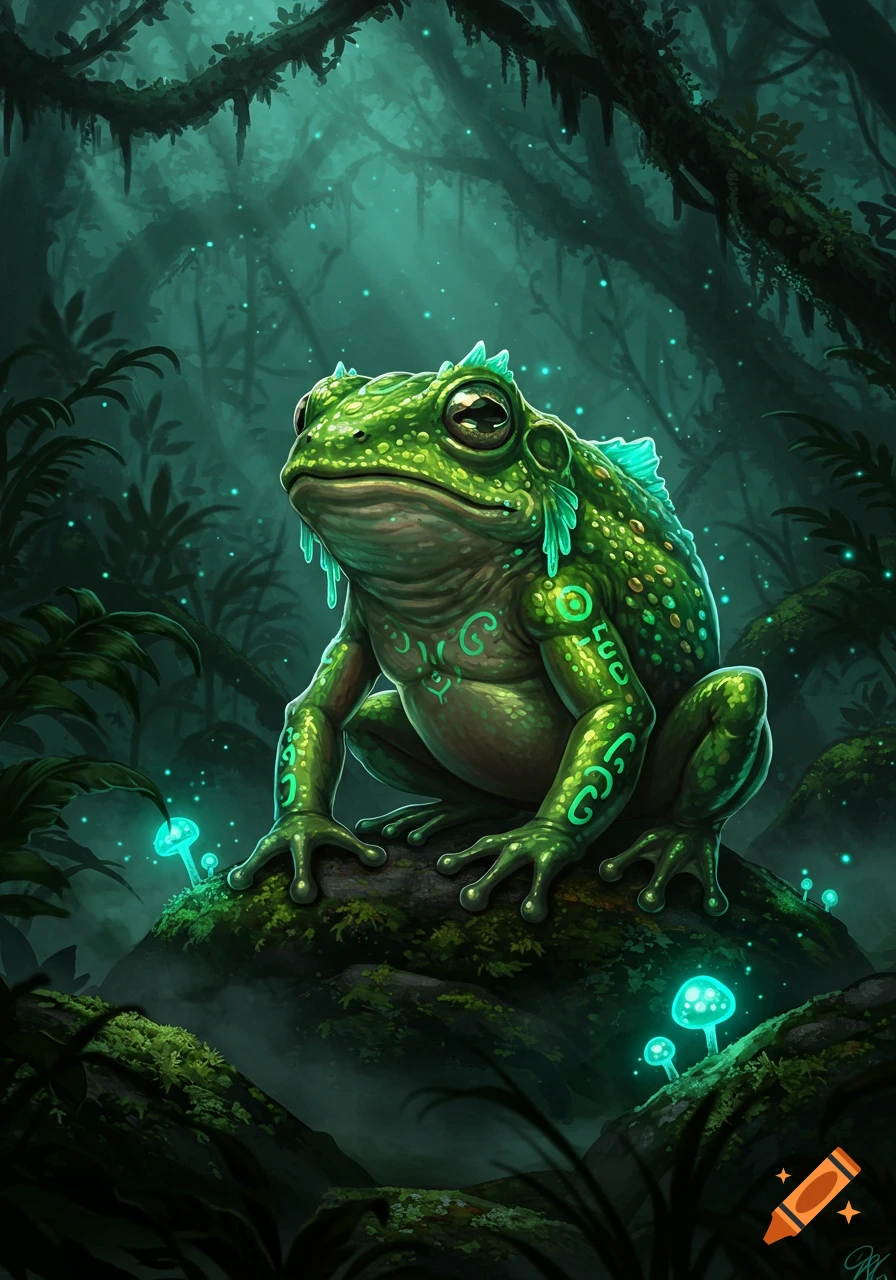 A large, vibrant green frog-like grung with glowing tribal patterns sits on a mossy rock in a dark, mystical forest with glowing blue mushrooms.