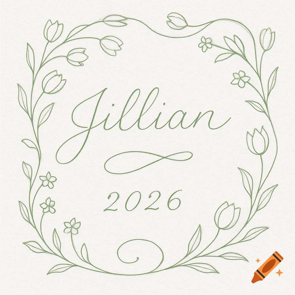 A delicate green line drawing of a floral wreath with tulips and smaller flowers, encircling the cursive name "Jillian" and the year "2026".