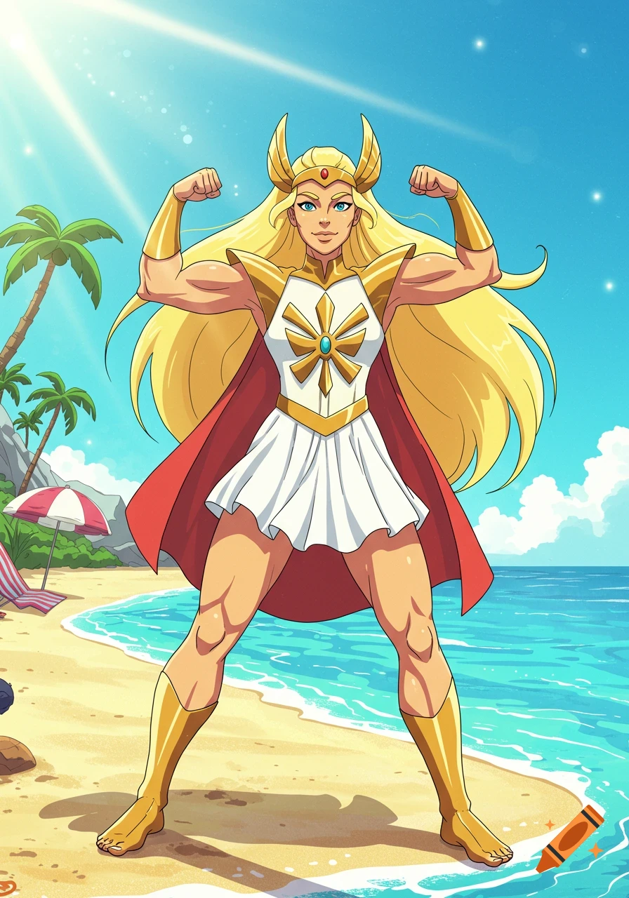 She-Ra flexes her muscular arms on a sunny beach with palm trees and blue water in a cartoon style.
