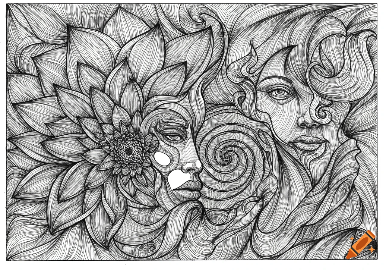 Ambiguous black and white line drawing combining two stylized faces, a flower, and swirling lines in an optical illusion.