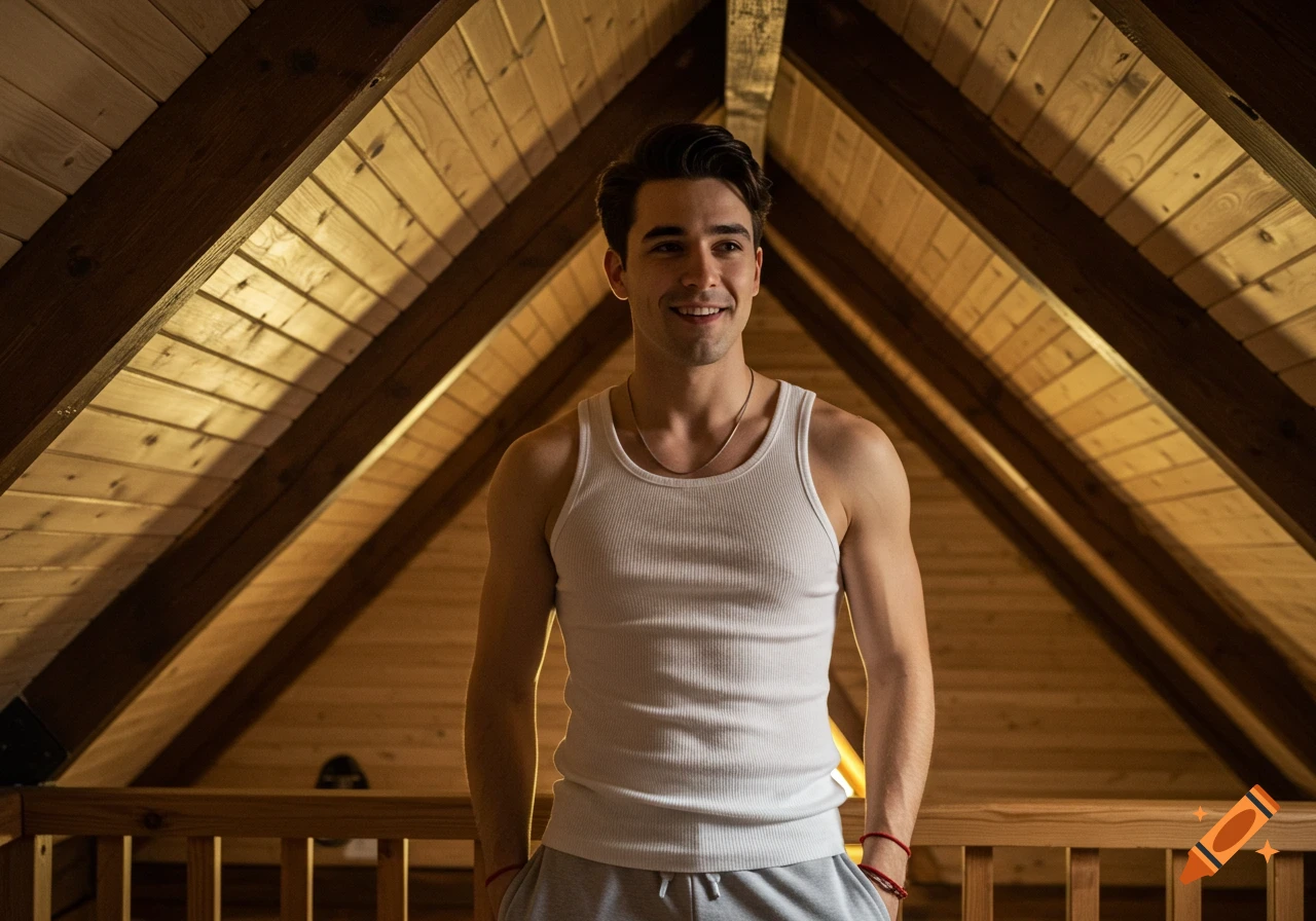 A smiling young man in a white tank top and grey sweatpants stands in a photorealistic wooden attic.