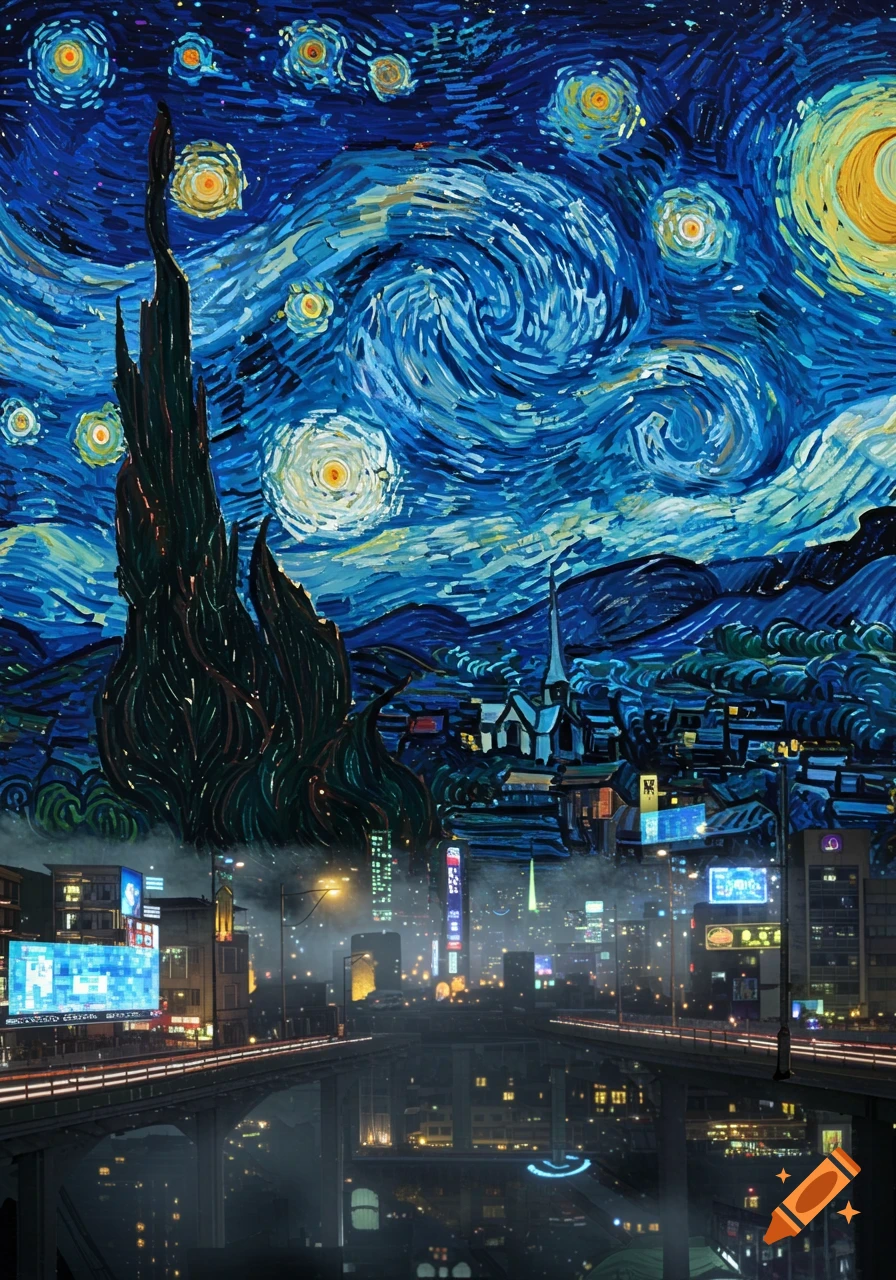 A stylized cityscape combining Van Gogh's Starry Night with a futuristic cyberpunk city at night.
