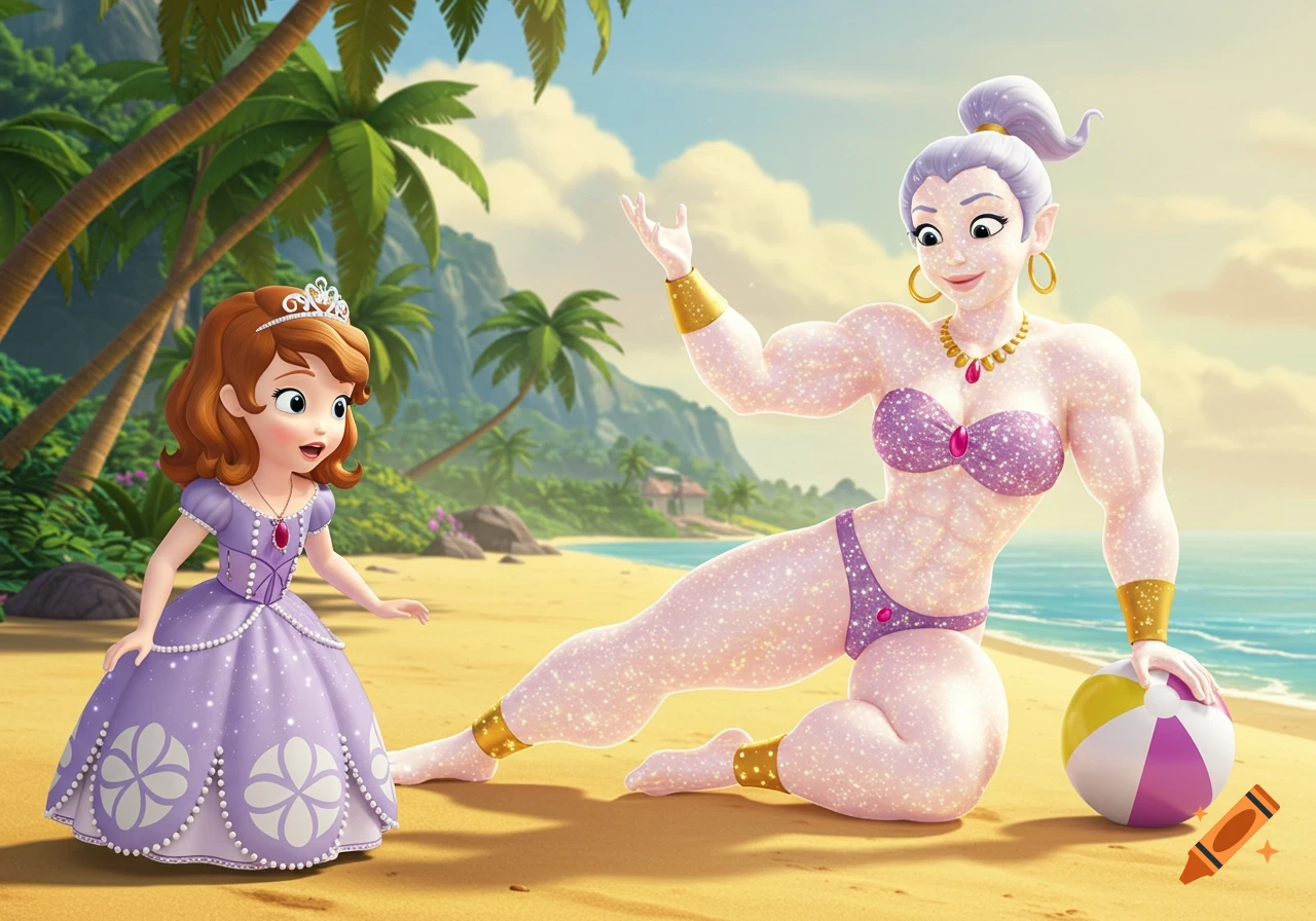 Princess Sofia looks surprised at a muscular female genie posing in a glittery purple bikini on a sandy beach.
