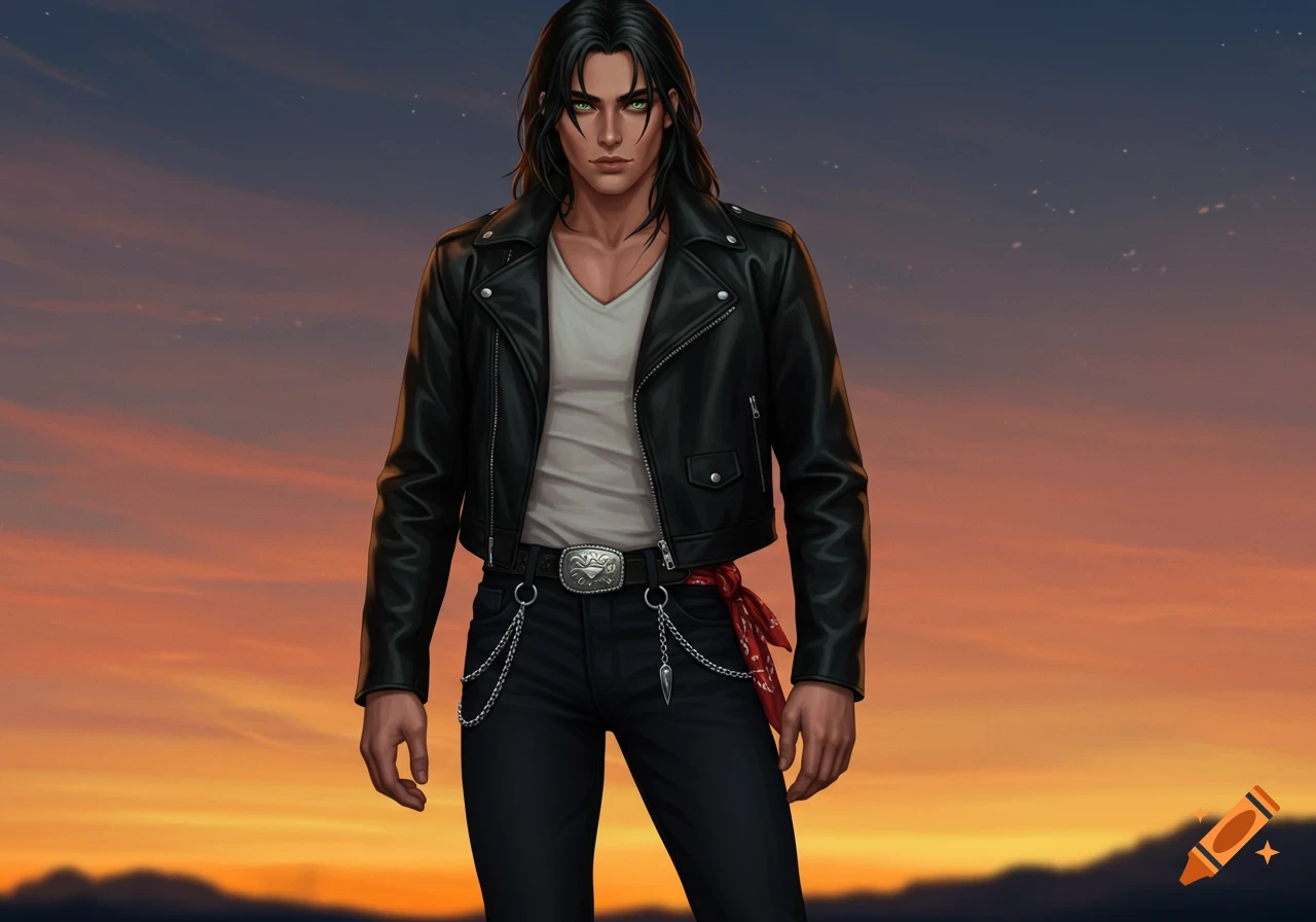 A character with long dark hair and a black leather jacket, white t-shirt, and dark jeans stands against a sunset.