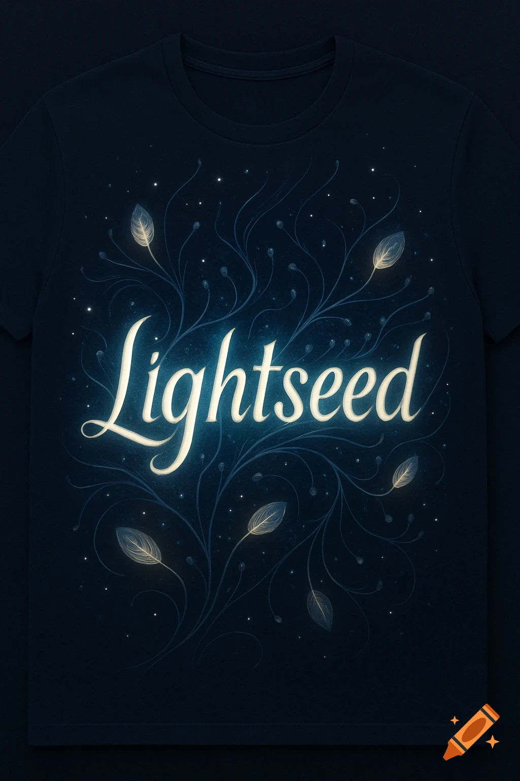 A dark blue t-shirt with the glowing white word 'Lightseed' surrounded by luminous, intricate plant-like patterns and small stars.