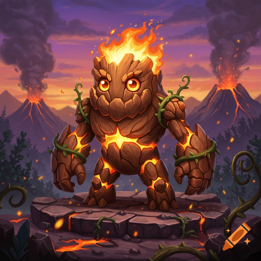 A cute, cartoonish rock monster with fiery elements and vines, standing on a stone platform with erupting volcanoes at sunset.