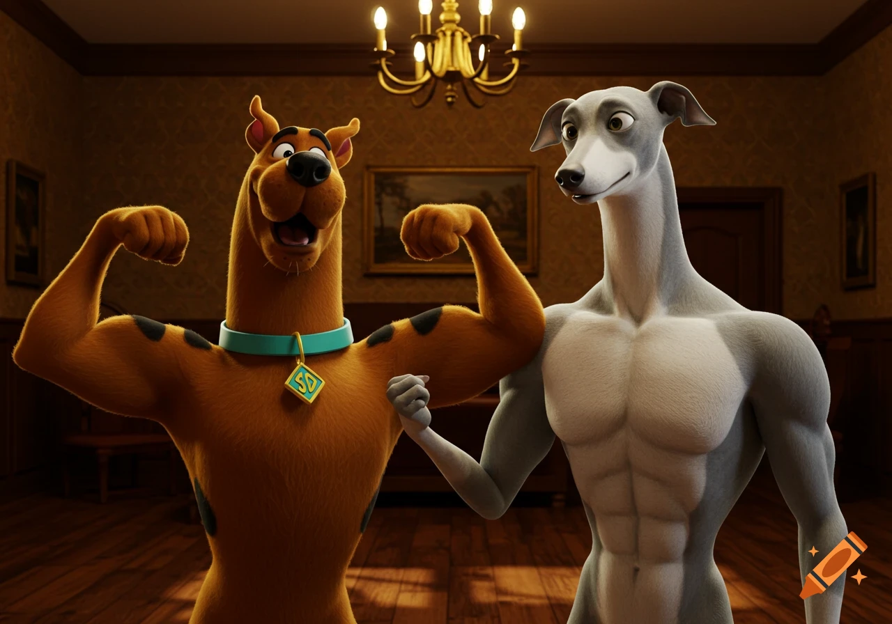 A 3D animated Scooby Doo and a muscular greyhound pose and flex their biceps in a dimly lit room.