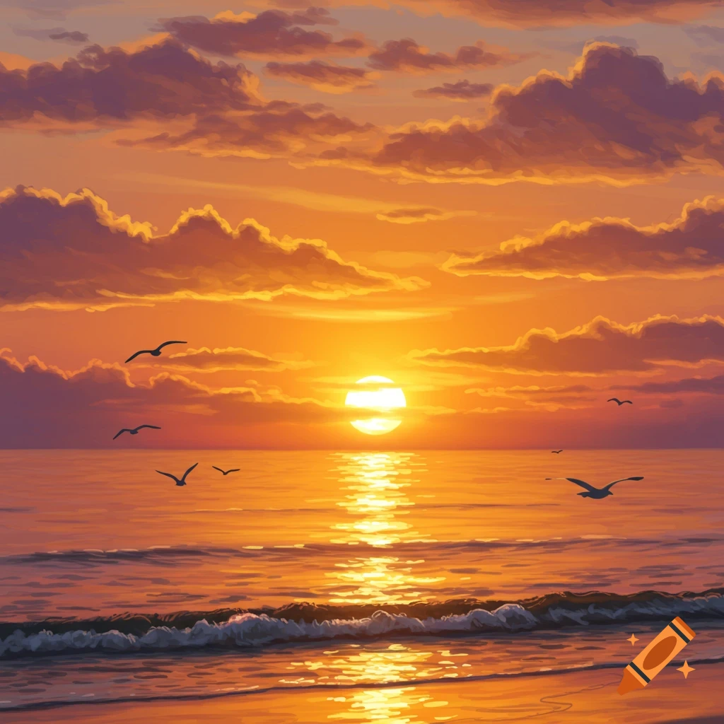 A vibrant sunset over the ocean, with orange and purple clouds, and birds flying above the reflective water and waves.