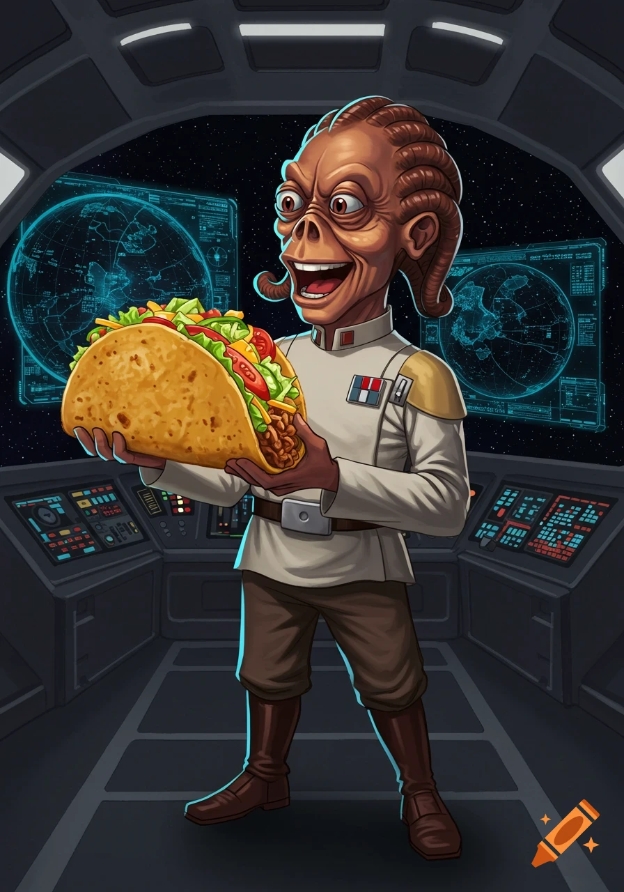 Cartoon Admiral Ackbar in a spaceship cockpit holding a large taco.
