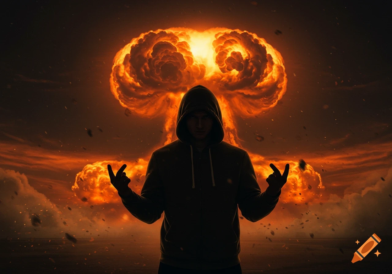 A silhouetted figure of a person in a hoodie makes a rock-on gesture with both hands against the dramatic backdrop of a large, fiery mushroom cloud explosion.