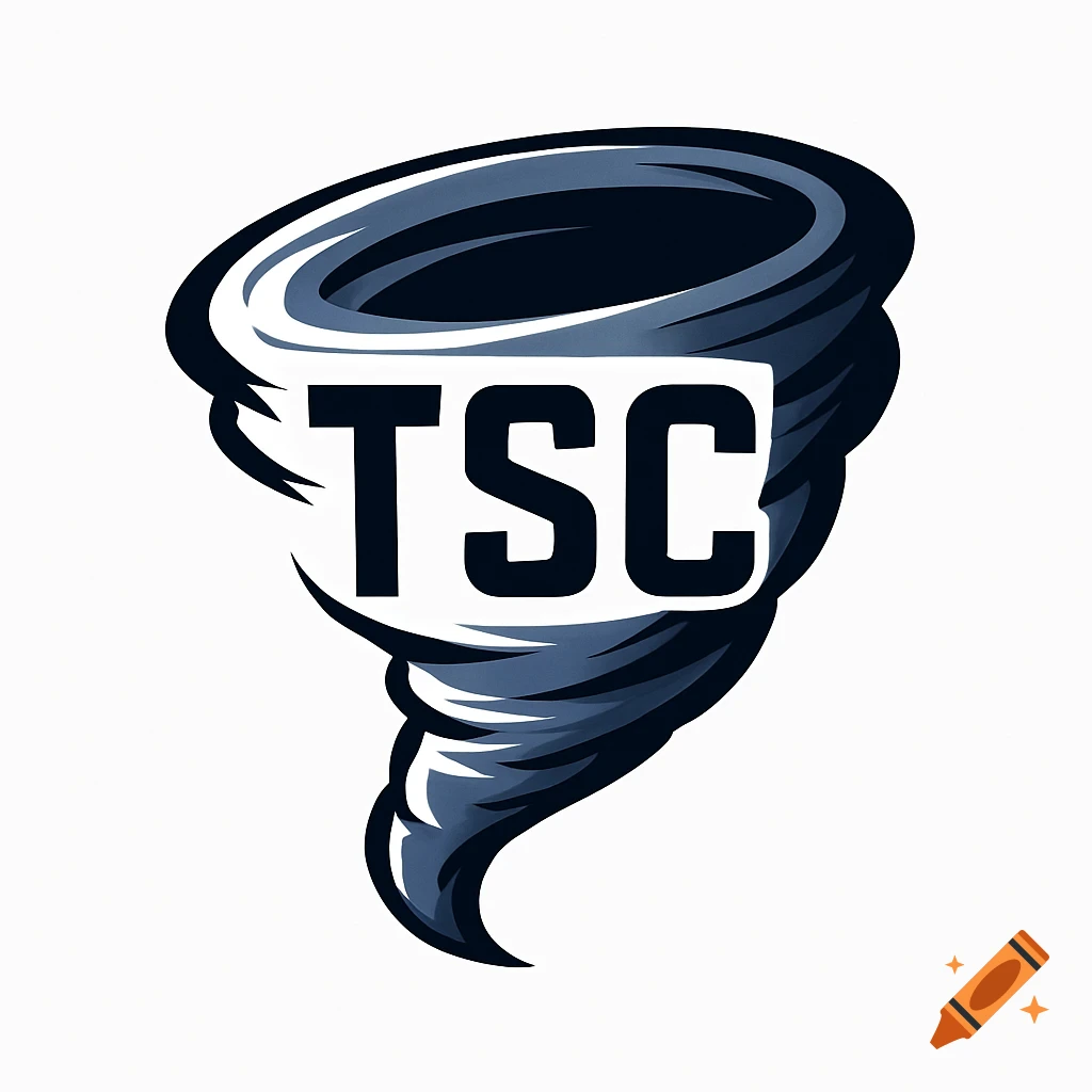 A stylized logo featuring a dark blue and grey tornado with the letters TSC in black inside a white box in the center.