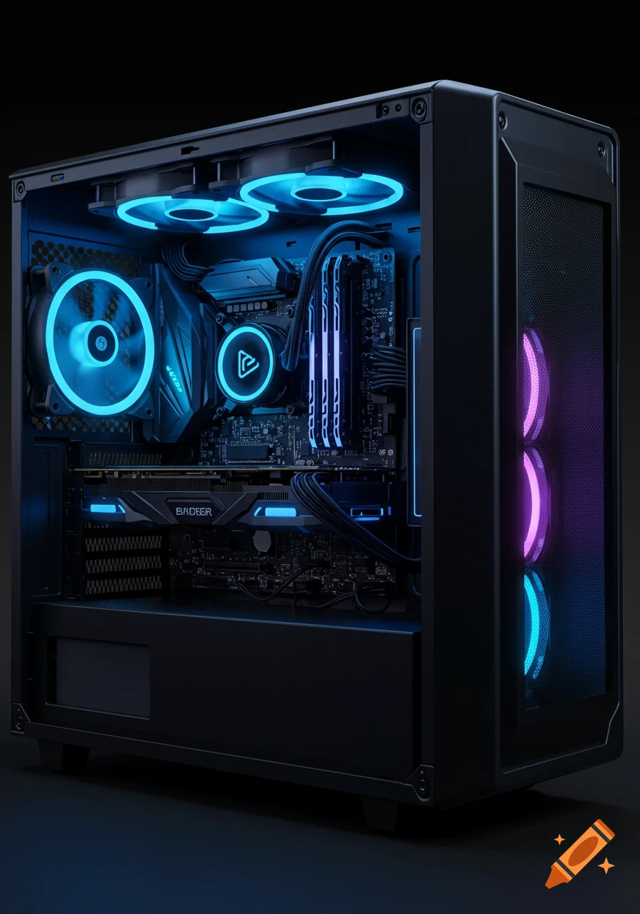 A sleek black PC case interior with glowing blue and purple RGB cooling fans and components.