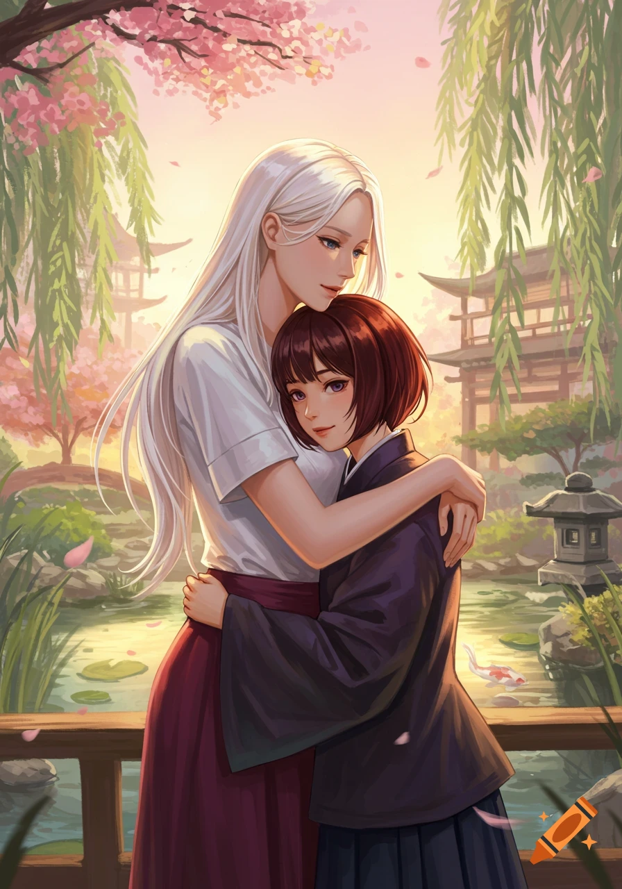An anime illustration of a tall woman with long white hair hugging a shorter woman with short brown hair in a Japanese garden with cherry blossoms.