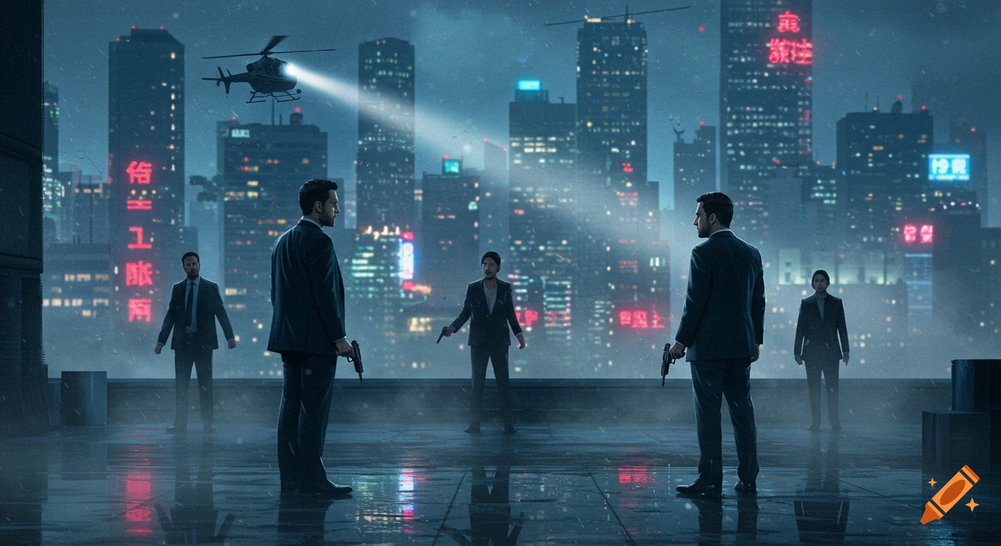 A dramatic scene on a rainy city rooftop at night, with two men holding guns facing each other, surrounded by other figures and a helicopter in the sky above neon-lit skyscrapers.