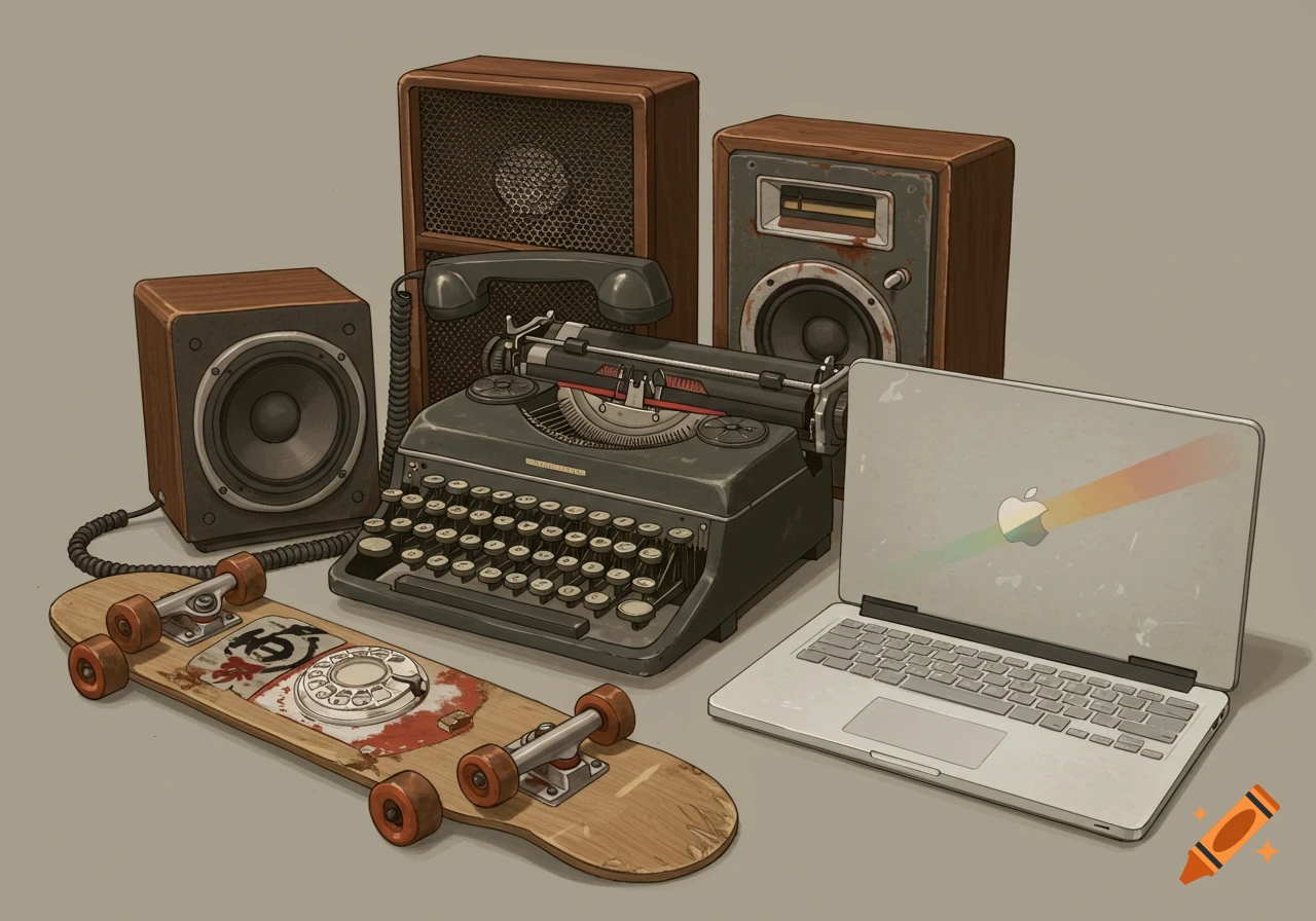 An illustration of vintage technology items including speakers, a typewriter, a rotary phone, a skateboard with a phone dial design, and an old MacBook, all on a plain background.