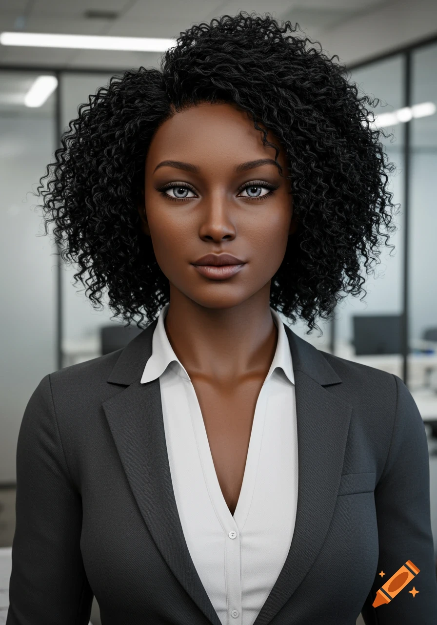Photorealistic portrait of a Black woman with curly hair and grey eyes in a dark suit, set in a blurred office.