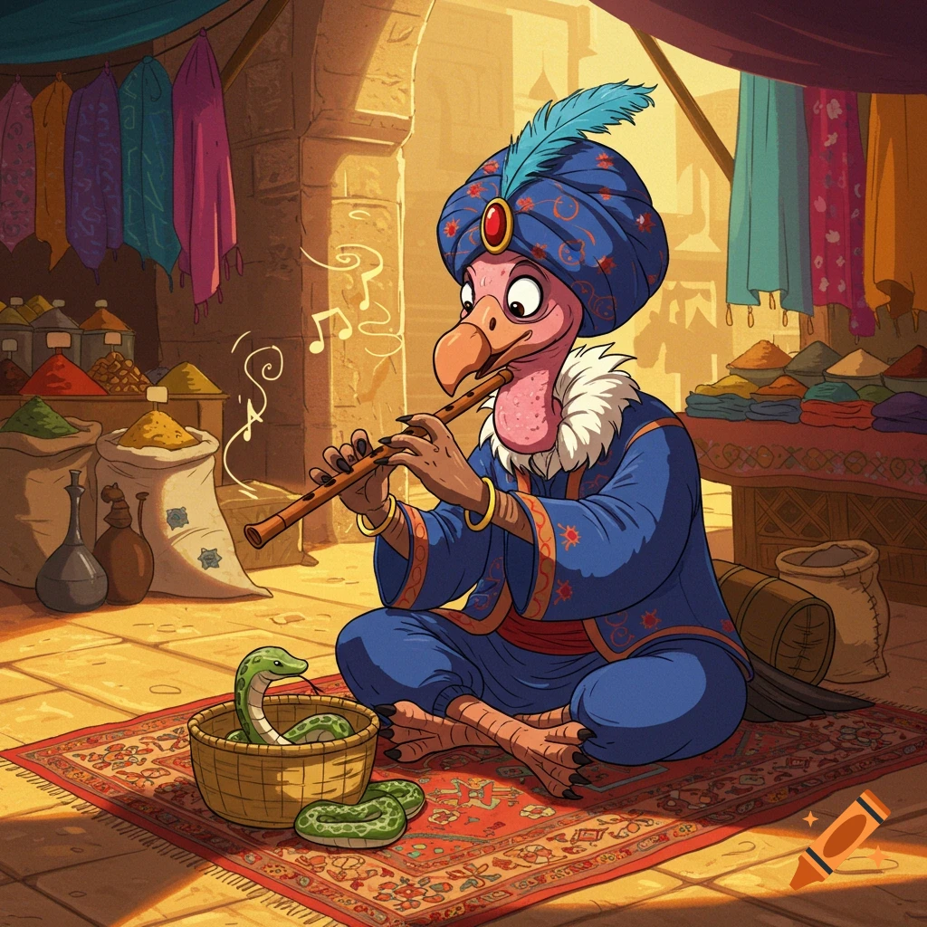A cartoon vulture snake charmer in a blue turban and robe plays a flute to a green snake in a basket, sitting on a rug in a marketplace.
