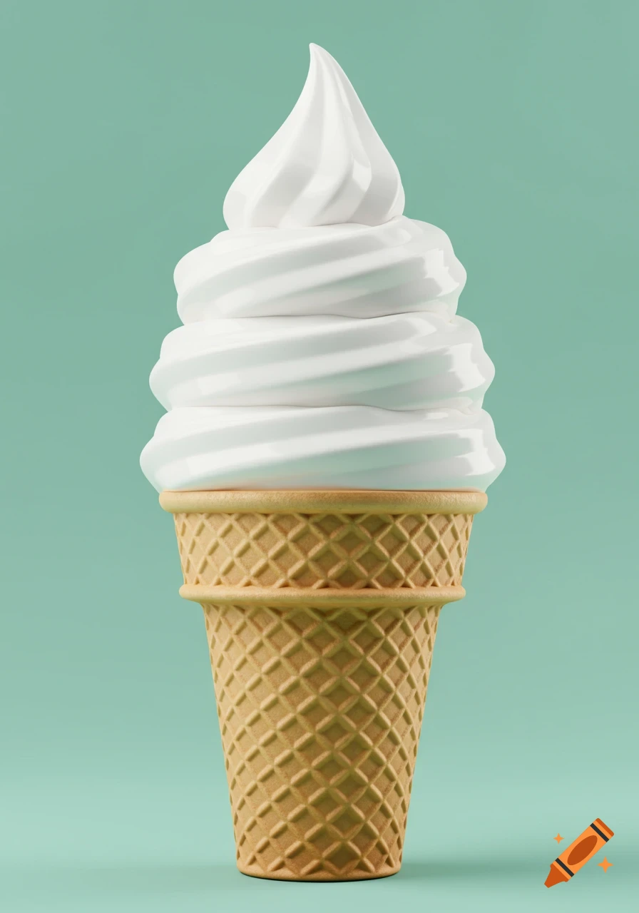 A soft-serve vanilla ice cream cone with a waffle cone against a solid teal background.
