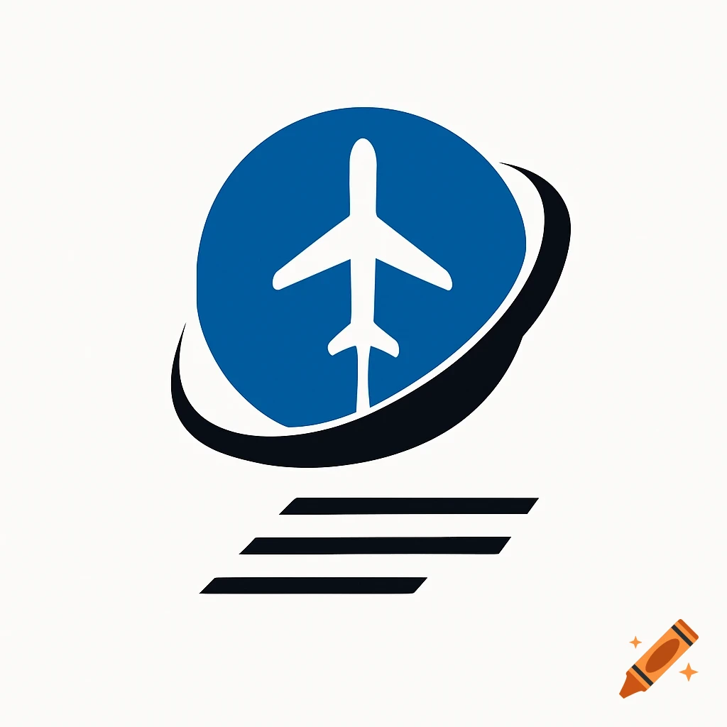 A logo featuring a white airplane silhouette inside a blue circle with a black swoosh, above three horizontal black lines.
