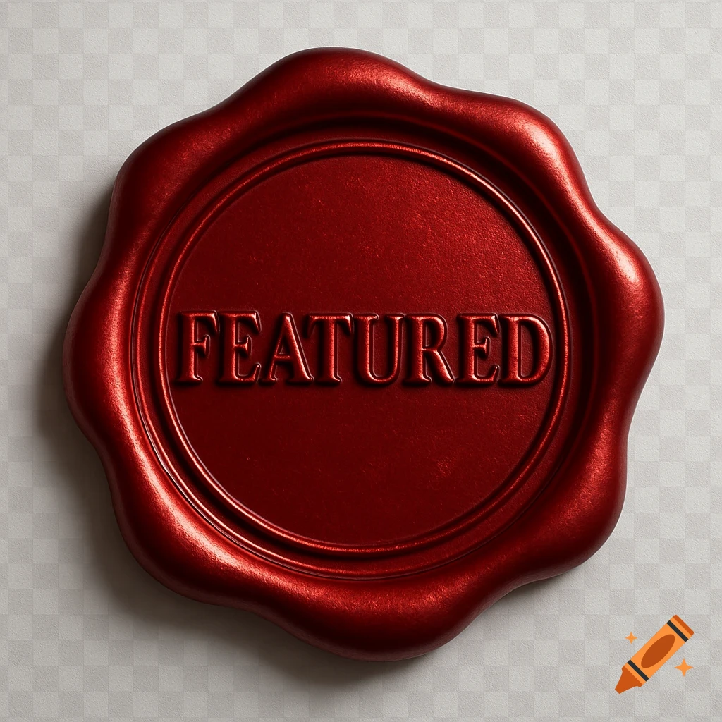 Photorealistic ruby red wax seal with the word 'FEATURED' embossed on a transparent background.