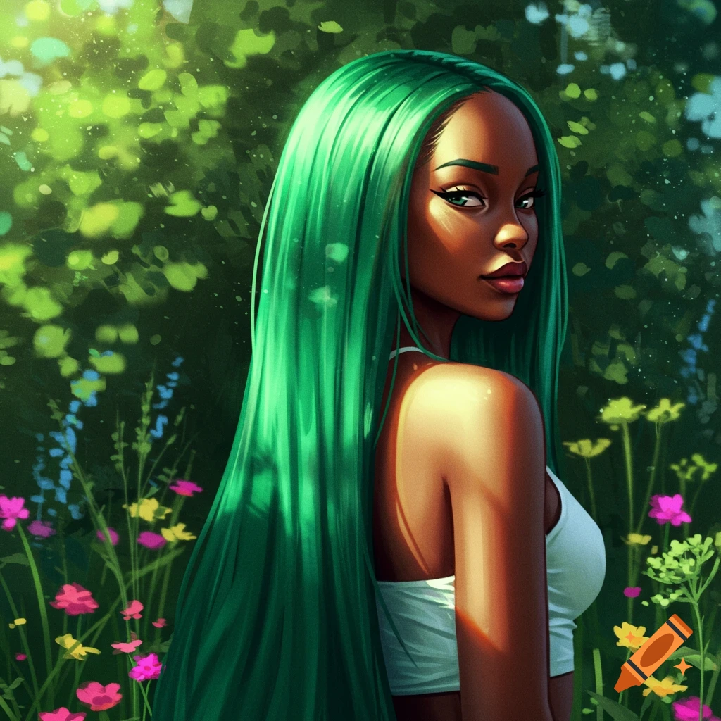 Stylized portrait of a young Black woman with long, vibrant green hair, wearing a white tank top, surrounded by lush green foliage and wildflowers in sunlit woods.