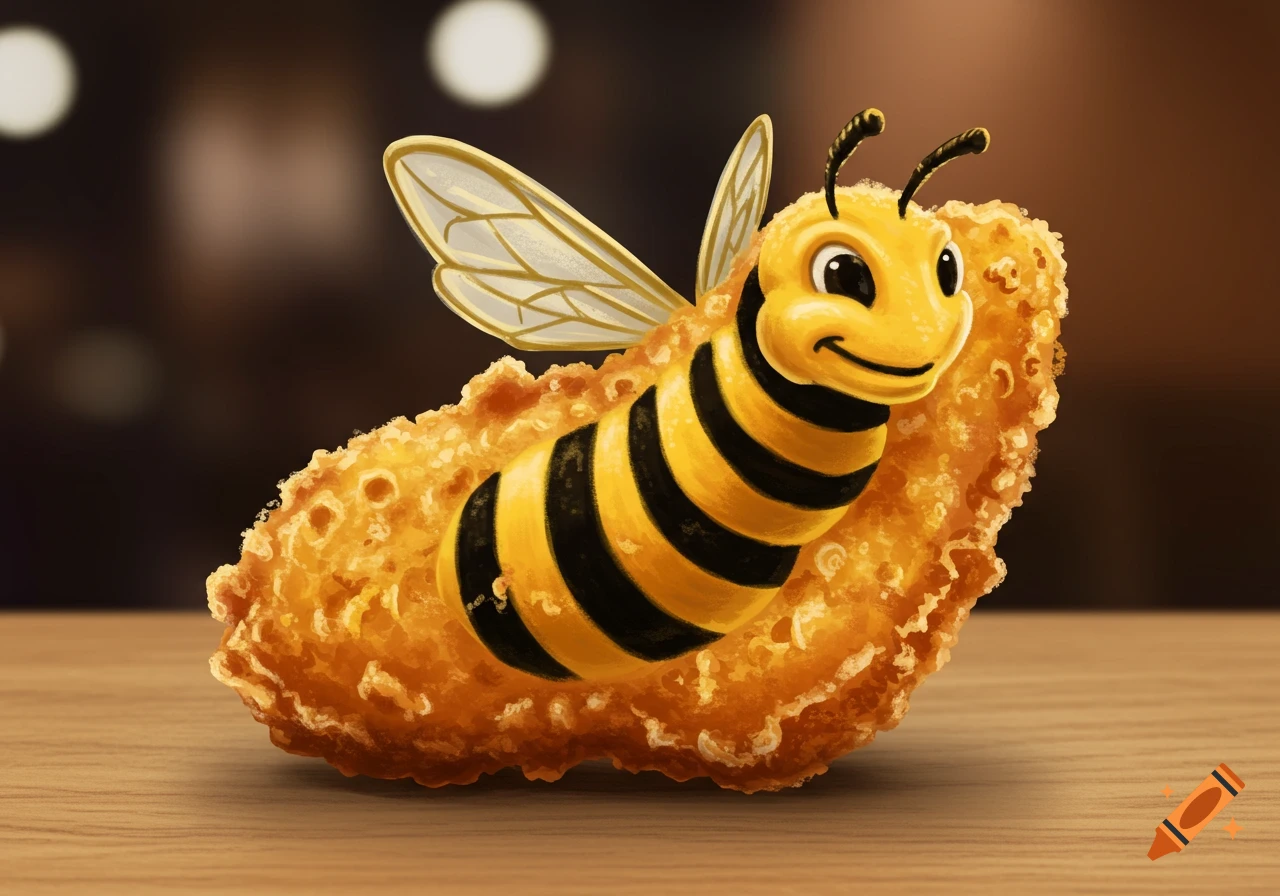 A cartoon bee with black and yellow stripes and clear wings emerging from a crispy fried chicken nugget.
