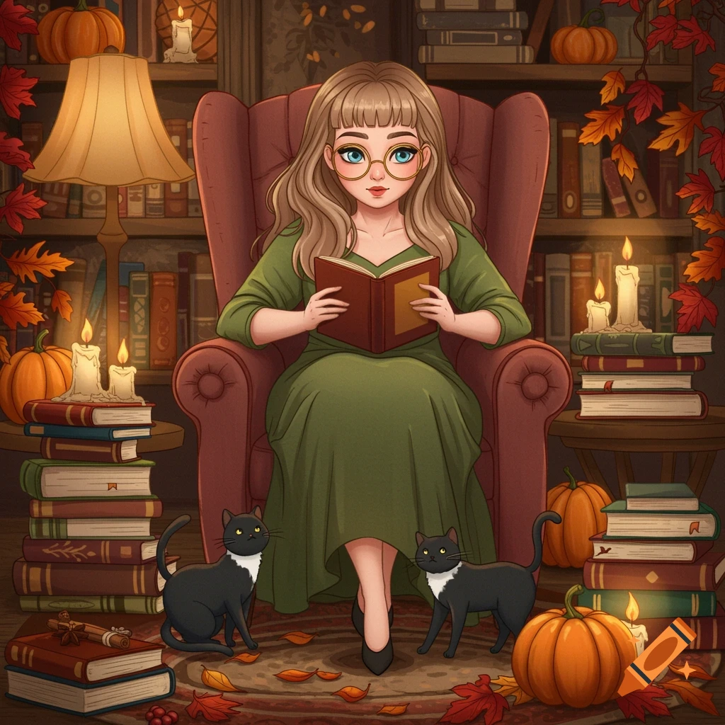 A cartoon woman with glasses reads a book in a cozy armchair, surrounded by autumn leaves, candles, pumpkins, and two black cats.