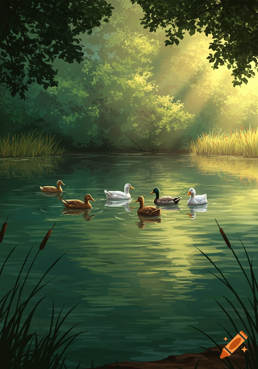 Five ducks float on a sunlit pond surrounded by lush green trees and tall reeds in an illustrated style.