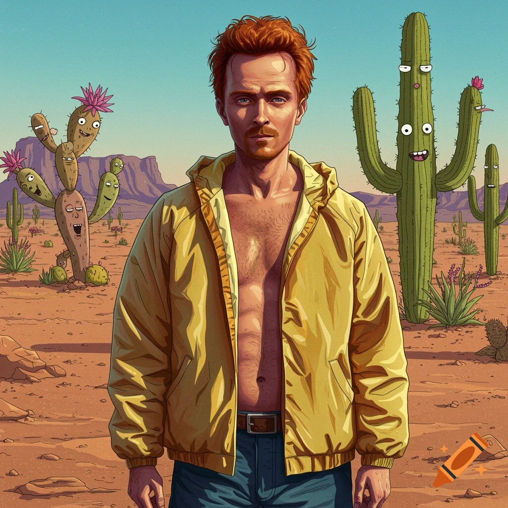 A man resembling Jesse Pinkman with red hair and an open yellow jacket stands in a desert with anthropomorphic cacti.