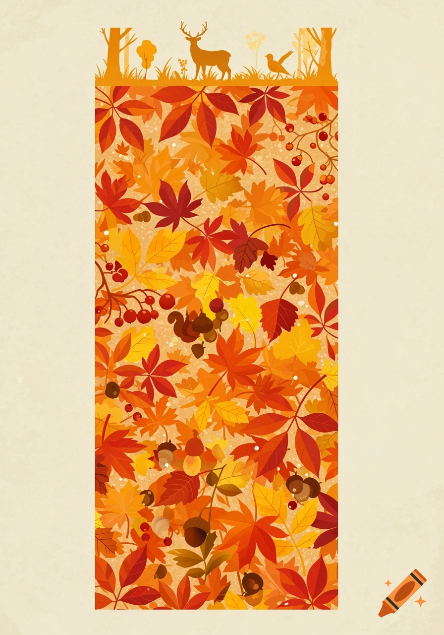 An autumn-themed illustration featuring colorful fall leaves, berries, acorns, a squirrel, and silhouettes of a deer, bird, and trees.