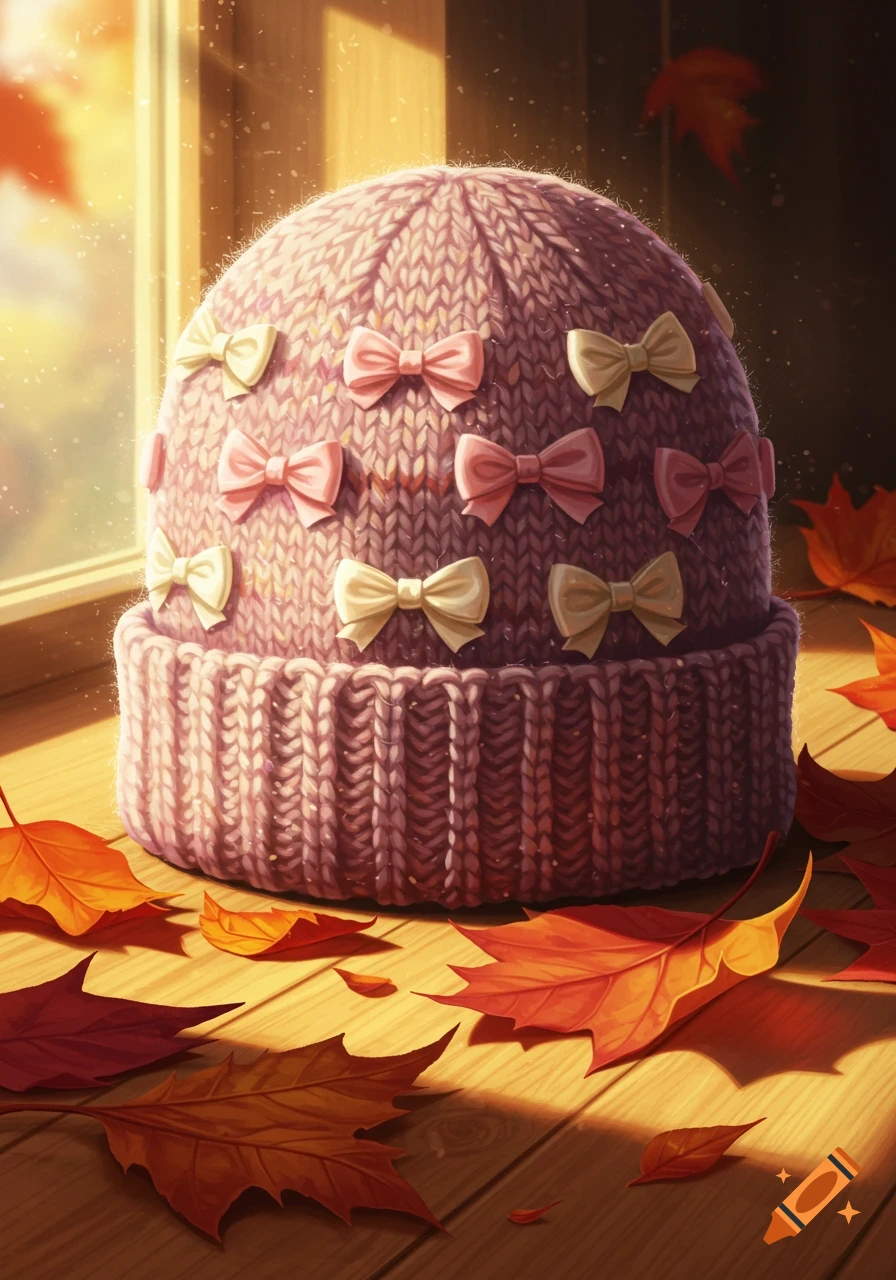 A painted pink knitted beanie decorated with pink and cream bows sits on a sunlit wooden floor amidst autumn leaves.