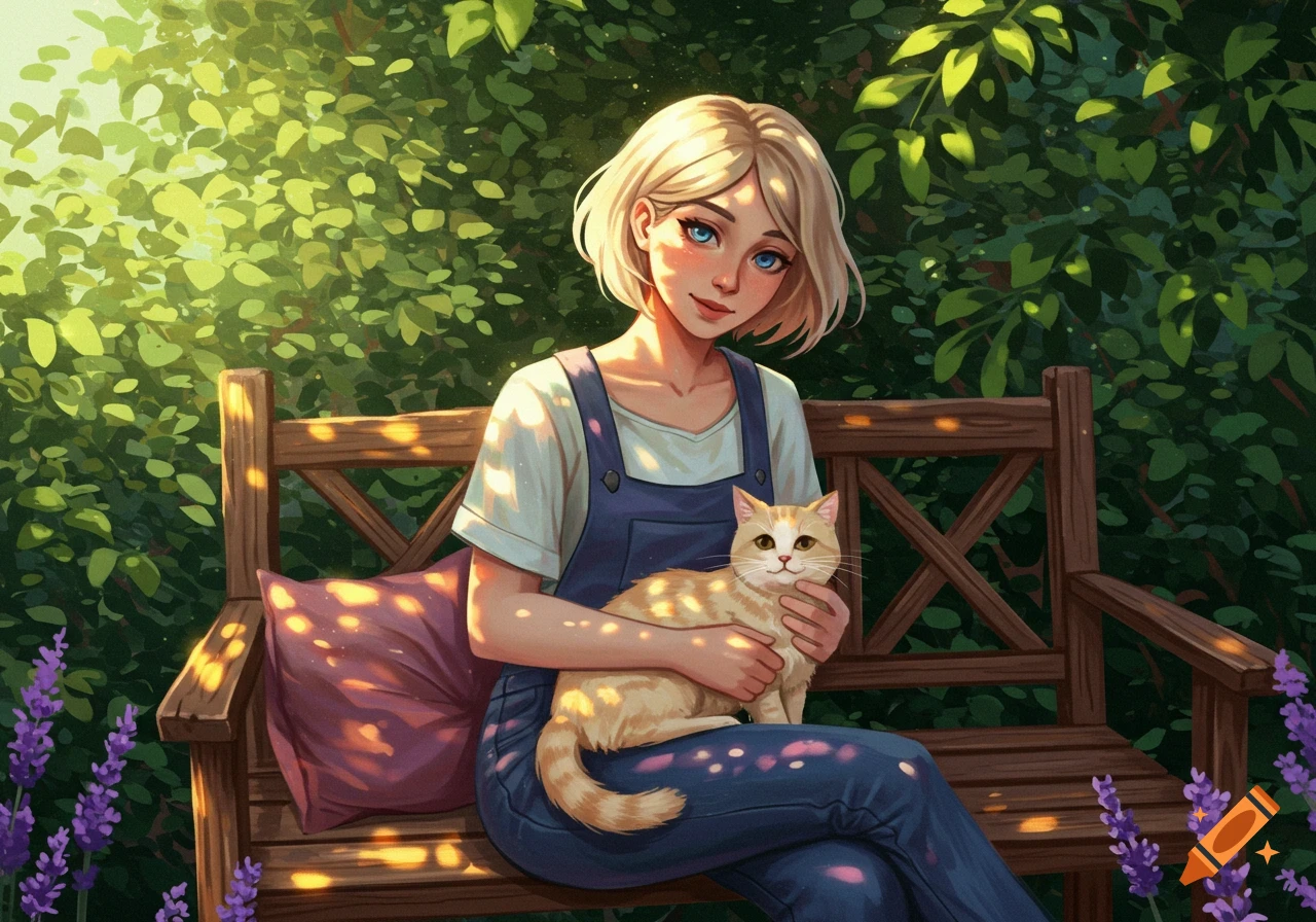 A smiling blonde woman in blue overalls holds a cream tabby cat on a sunlit wooden bench in a garden with lavender.