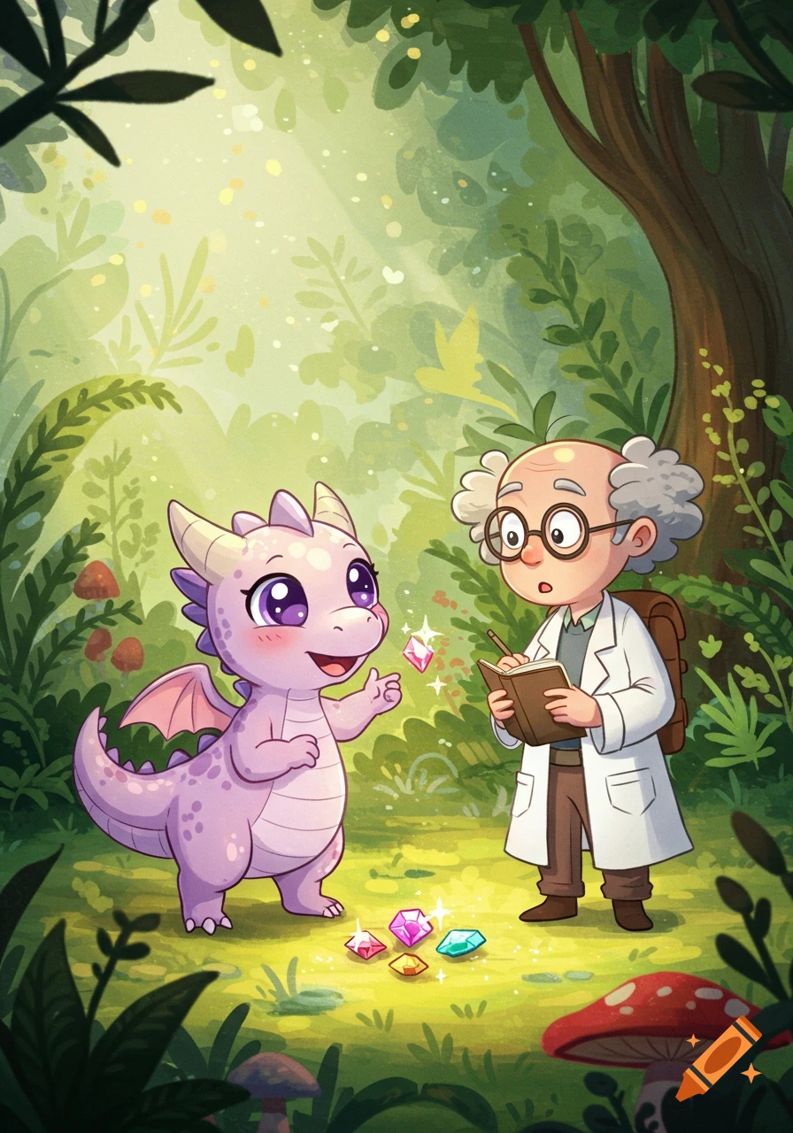 A cute purple dragon shows shiny gems to an old scientist with a notebook in a lush green forest, in a storybook cartoon style.