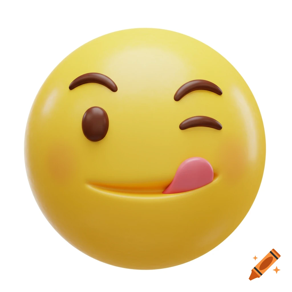 A yellow 3D emoji winking with one eye closed and its tongue sticking out on a white background.