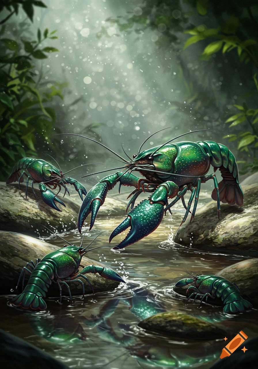 Several vivid green and blue crayfish-like creatures with speckles and large claws navigate a clear stream amongst rocks and lush jungle foliage, with light filtering through the canopy.
