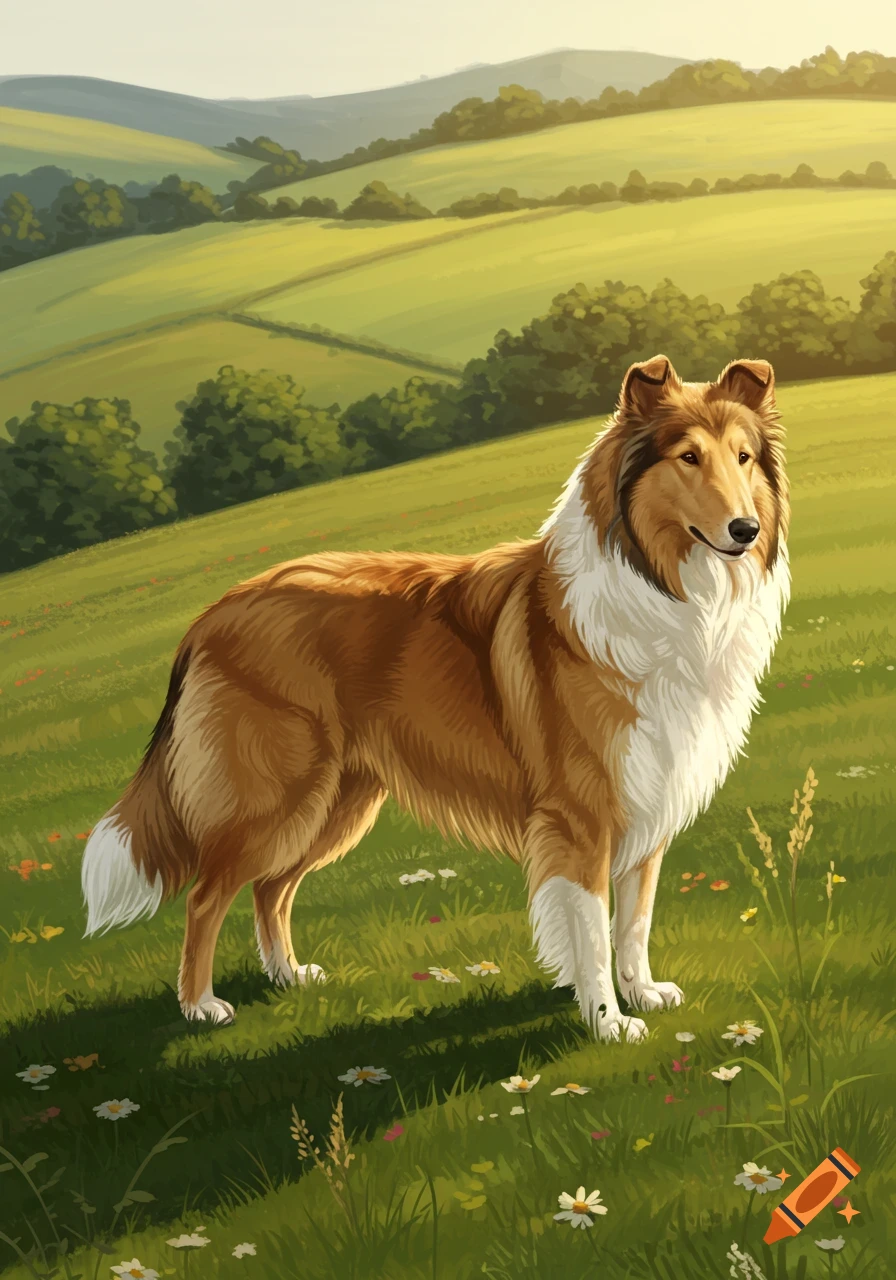 A brown and white rough collie stands in a green field with rolling hills and white flowers under a sunny sky.