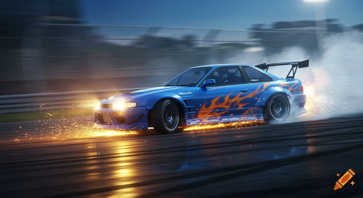 A blue drift car with orange flames painted on its side, emitting sparks and smoke as it drifts on a track.