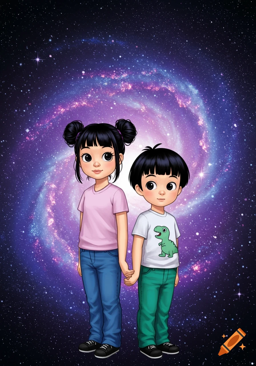 An illustration of a Japanese girl and her brother holding hands, standing against a purple galaxy background.