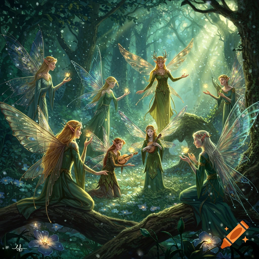 Elegant fairies with glowing wings in an enchanted forest, some playing music, others holding glowing orbs. Detailed digital art.