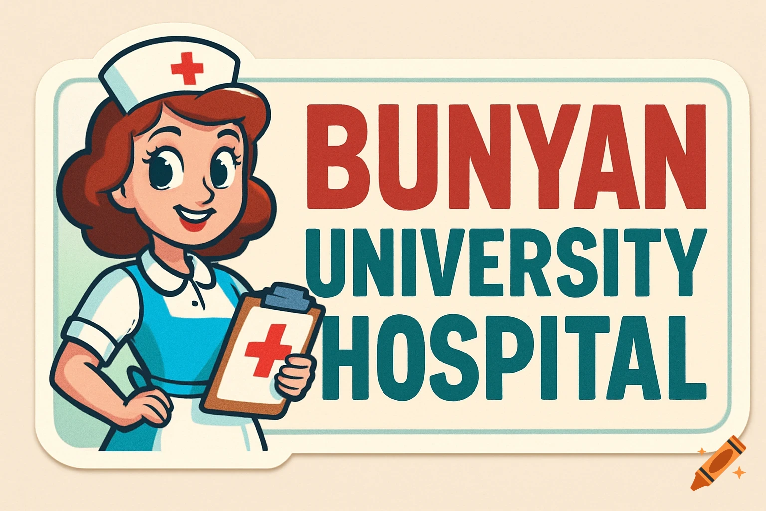 Cartoon illustration of a smiling nurse holding a clipboard, standing next to a sign reading 'BUNYAN UNIVERSITY HOSPITAL'.