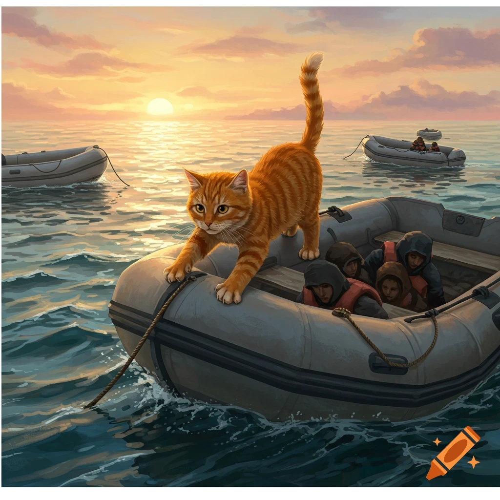 An orange tabby cat stands on the bow of a rubber dinghy carrying several hooded people at sunset on the ocean, with other dinghies in the distance.
