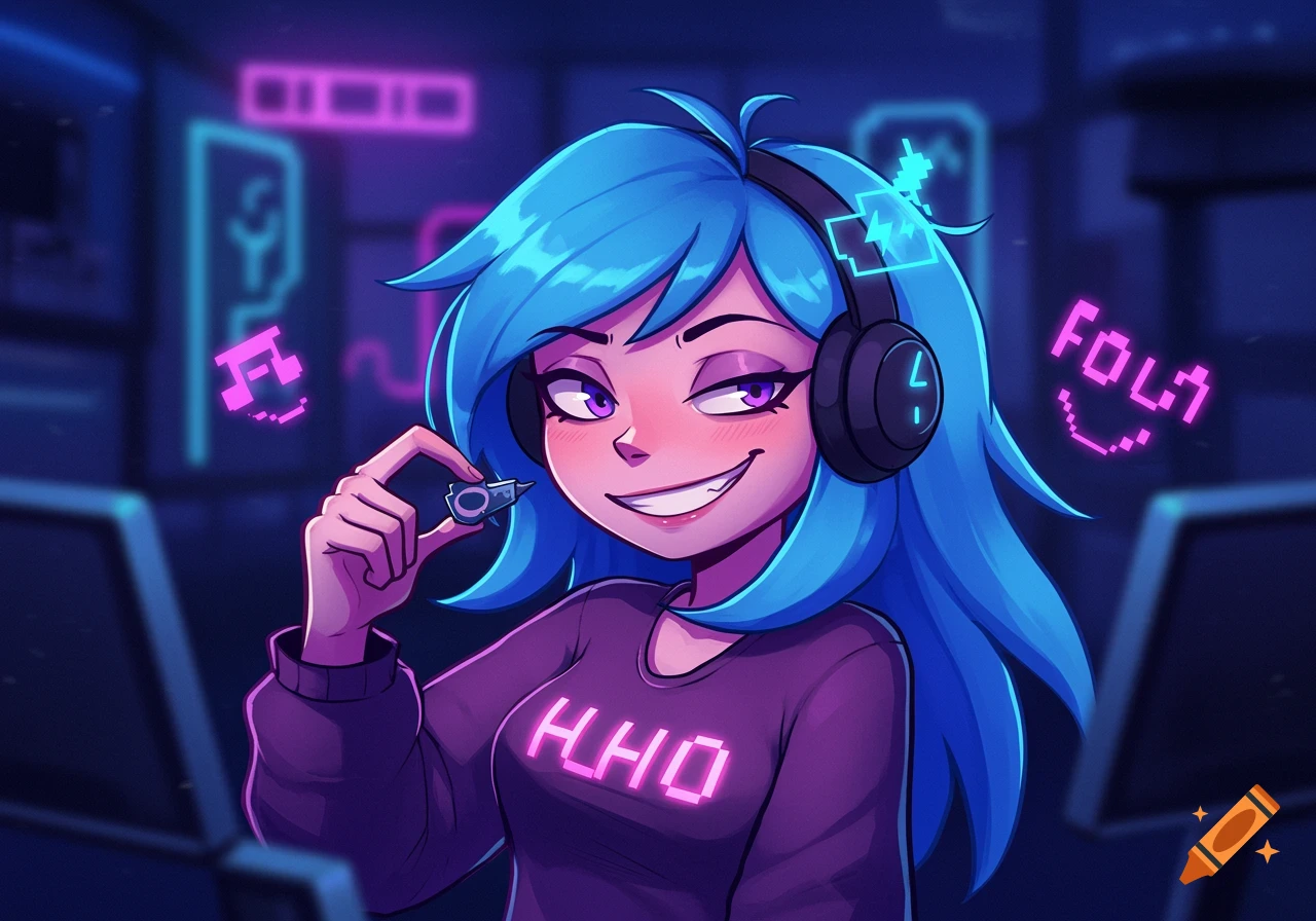 A smiling blue-haired anime girl with purple eyes and headphones, wearing a purple sweatshirt with neon pink letters "HHO", holding a small gadget.