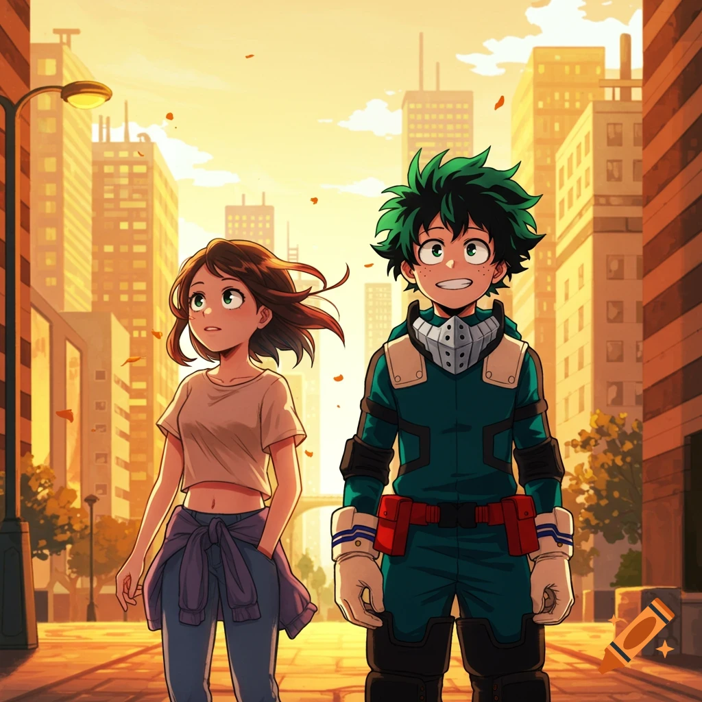 Izuku Midoriya and a girl with brown hair walk down a city street under a warm sunset sky in an anime style.
