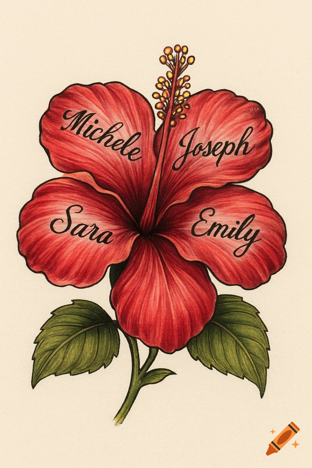 Illustration of a red hibiscus flower with names 'Michele', 'Joseph', 'Sara', and 'Emily' written on its petals.