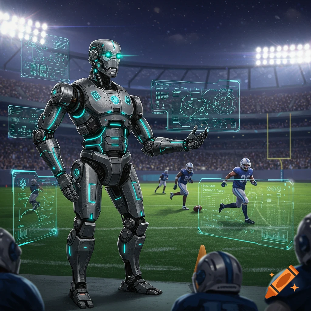 A large, detailed robot with glowing blue eyes stands on a football field, gesturing towards multiple holographic data screens. Football players run in the background of a stadium with bright lights.