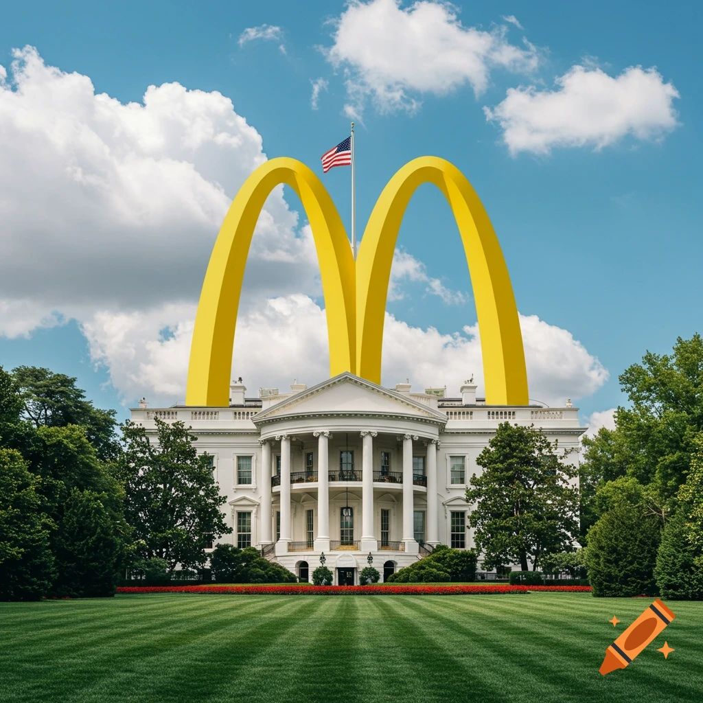 Photorealistic image of the White House with giant yellow McDonald's arches above it, an American flag flying, and a green lawn.