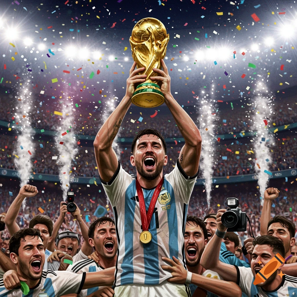 Photorealistic image of a joyful football player holding the World Cup trophy aloft in a stadium, surrounded by celebrating teammates under confetti.