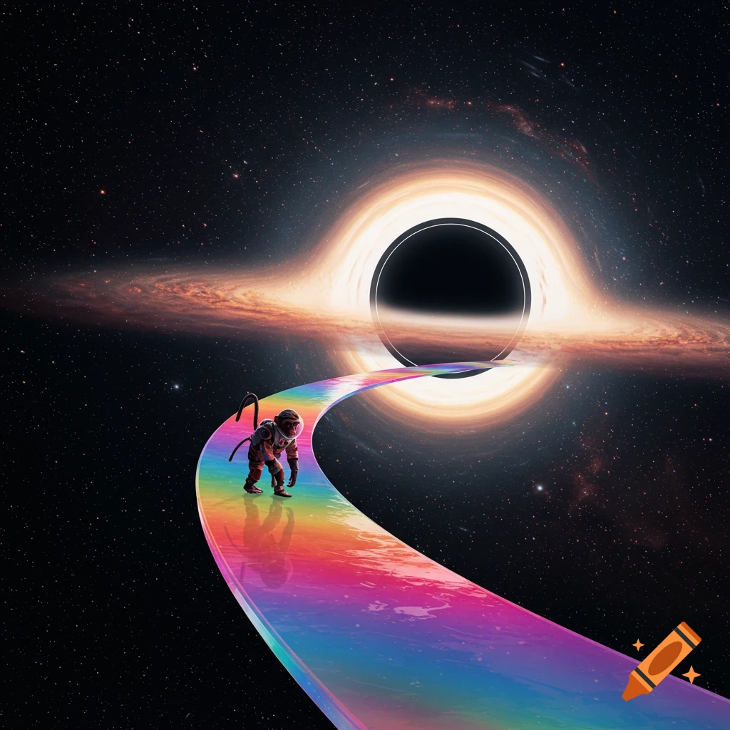 A monkey in a space suit walks on a curved, iridescent rainbow bridge towards a glowing black hole in outer space.
