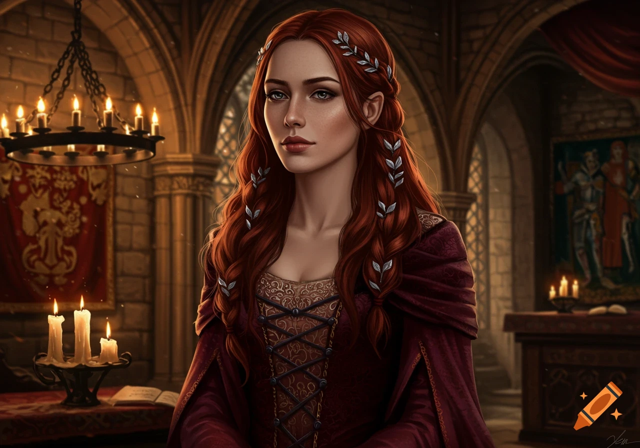 A detailed illustrative portrait of a medieval woman with long, braided dark red hair in a candlelit stone castle hall.