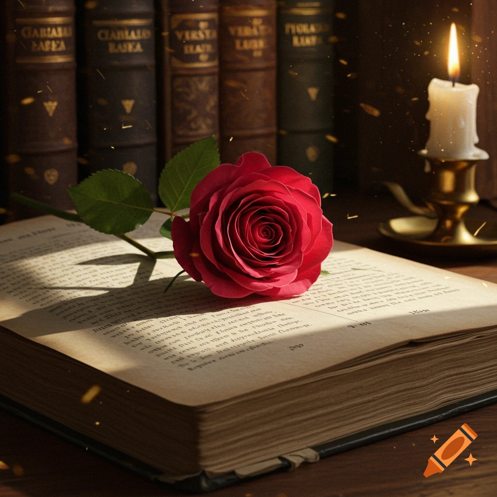 A vibrant red rose rests on an open antique book, with a lit candle and bookshelves in the background. Soft light illuminates the scene.